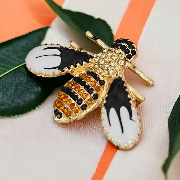 Crystal Rhinestone Bee Pin Insect Enamel Brooch Yellow & Black Statement Unisex - Picture 7 of 10